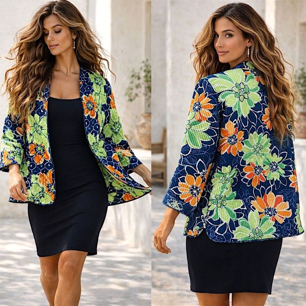 Tropical Coastal Sz 10 Lightweight Open Rib Jacket Bold Floral European Summer